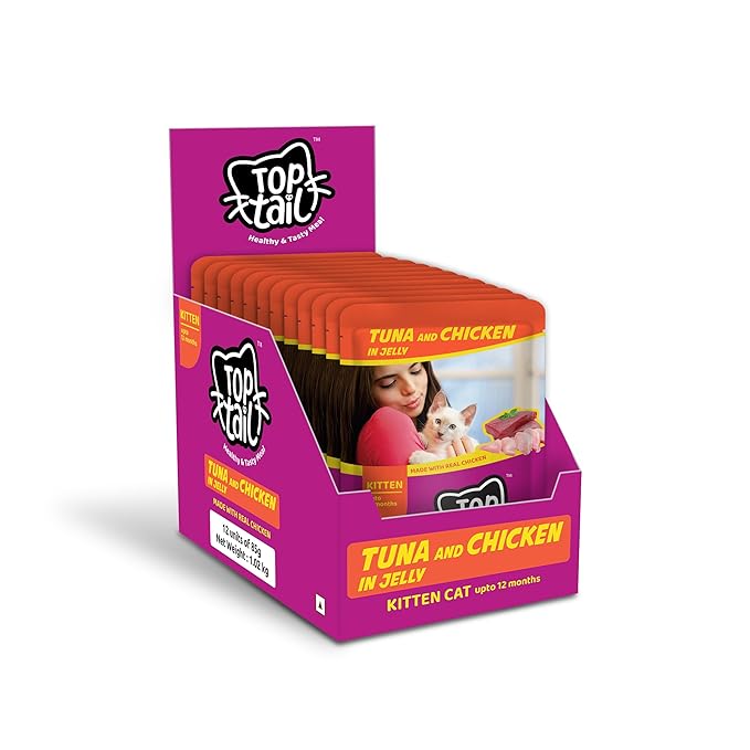 Top tail Kitten Wet Cat Food-12 Pouches, 12x85 gm | Tuna & Real Chicken in Jelly Flavour